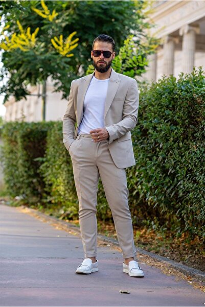 Salihtarzz İtalyan Kesim Takım Elbise Krem Spor İpli - Slım Fıt SD4975
