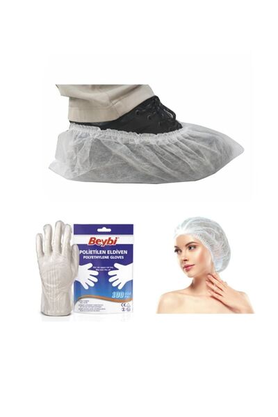 KFMEDİKAL Tela Galoş Beyaz 1000'li Paket + Pet Eldiven 100'lü + Bone 52 Cm Çift Lastik 100'lü Set