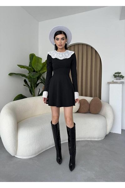 conconmoda Lace Collar Black Midi Dress