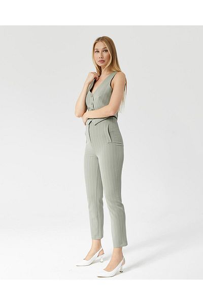 Appleline High Waist and Pocket Striped Fabric Women's Trousers - Khaki