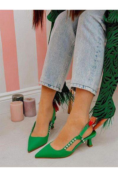 ERVANIN BUTİĞİ Green Satin (Feli̇x) Stone Detailed Women's Stiletto