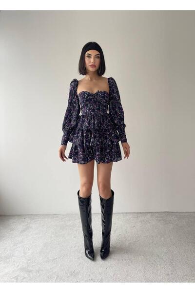 conconmoda Tutku Mini Fırfırlı Desenli Elbise