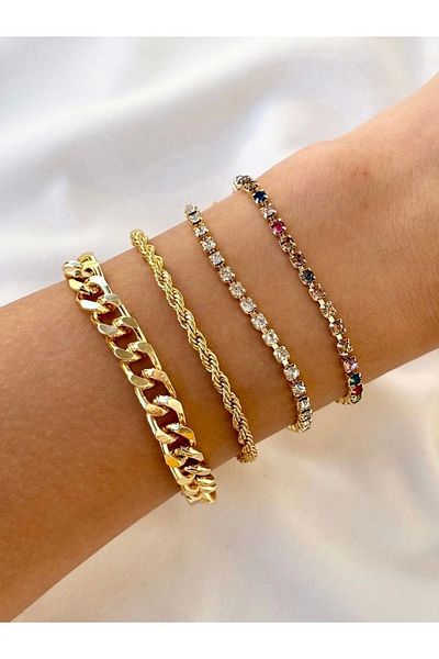 Eylülün Takısı Women's Gold Color 4-Piece Chain-Stone Combination Bracelet