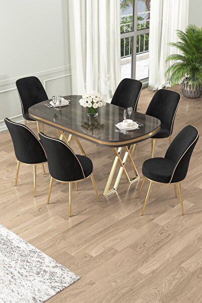Canisa Lai Serisi 90x168 Lak Panel Antrasit Ironi Gold Ayak Masa Takımı 6 Siyah Sandalye
