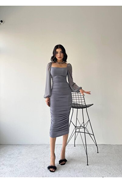 conconmoda Sildane Drapeli Tül Kol Elbise - Gri