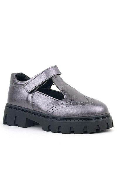Rakerplus Pantofi de școală pentru fete, piele naturală, platină, cu talpă neagră, cu velcro