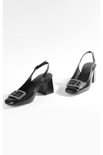 PARİS Women's Black Croquet Pattern Heeled Shoes