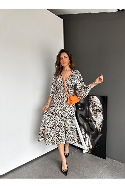 Zerrincan Giyim Çıtır Desen Drapeli Geniş Kollu Elbise