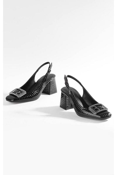 PARİS Women's Black Croquet Pattern Heeled Shoes