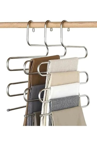 Silkyreal 4 Adet Pantalon Askısı Metalik Dolap İçi Akıllı Krom Askı Çok Katlı Pantolon Askısı (5 Katlı)