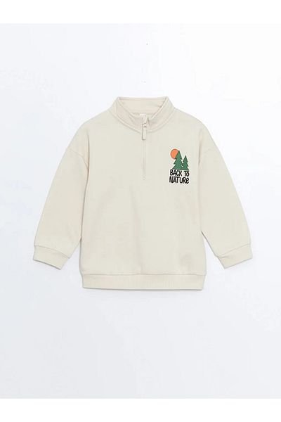 LC Waikiki Lcw Baby Light Beige Stand Collar Printed Long Sleeve Baby Boy Sweatshirt