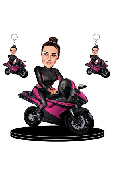 wonderlike Kişiye Özel Motorsikletli Kadın Figürlü 2 Adet Anahtarlık 3d Ahşap Biblo,sevgiliye Hediye