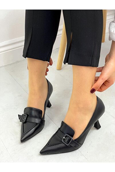 ERVANIN BUTİĞİ Siyah Cilt (Kahlo) Toka Detay Kadın Stiletto