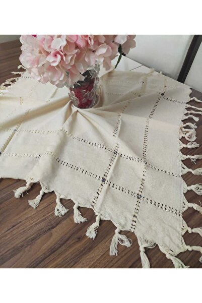 denizli hatırası مفرش طاولة من قماش بولدان مع خرز عين الشر مقاس 90x90 سم