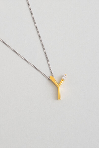 So CHIC... Asimetrik Y Harfi 18 Ayar Beyaz ve Sarı Altın Kaplama 45 Cm Gümüş Harfli Kolye
