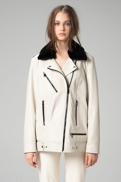 Dericlub Wm020 Beige Women's Coat - Genuine Leather, Fur Collar