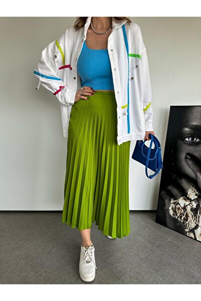 Zerrincan Giyim Fıstık Yeşil Pilili Saten Etek