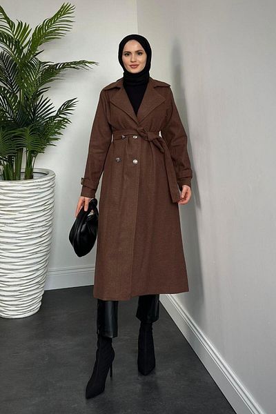 MERVEN AKYÜZ Desire Brown Cashmere Coat - Φόδρα και κουμπιά