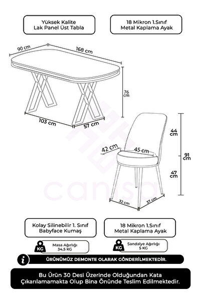 Canisa Lai Serisi 90x168 Lak Panel Antrasit Ironi krom Ayak Masa Takımı 6 Gri Sandalye