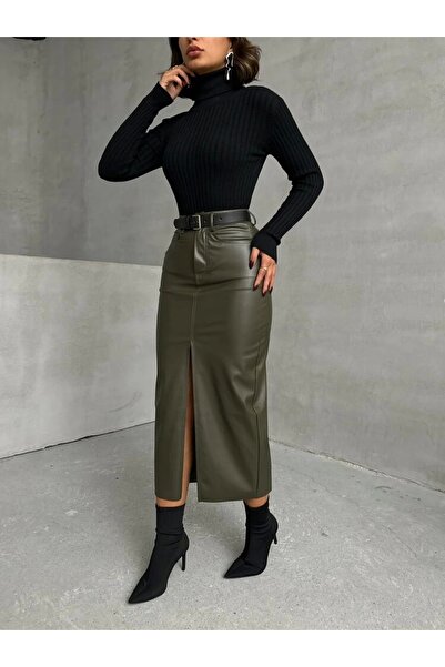 Ecenin Favorileri Haki Suni Deri Önden Yırtmaçlı Etek