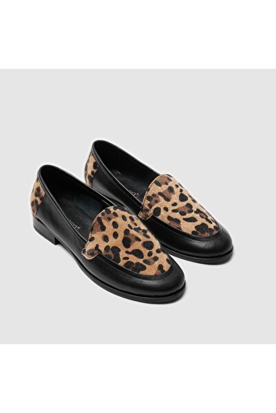 TOGO Leopar Desenli Hakiki Deri Kadın Loafer Ayakkabı [060110]