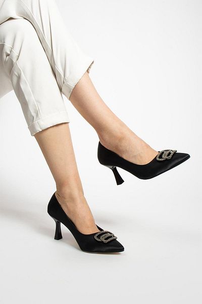 PARİS Women's Black Satin Heeled Shoes