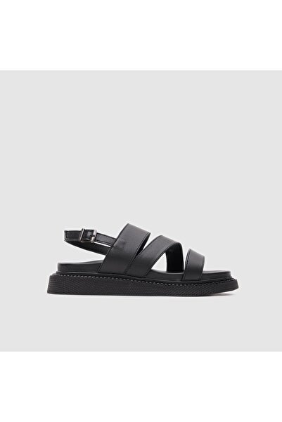 TOGO Siyah Hakiki Deri Kadın Comfort Sandalet [060187]