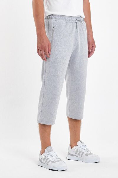 COMEOR Erkek Cepleri Fermuarlı Gri Bermuda Diz Altı Kapri Beli Ayarlanabilir Lastikli Uzun Şort