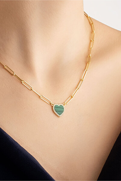 So CHIC... Malahit Kalbi 18 Ayar Sarı Altın Kaplama 44 Cm Gümüş Ataç Zincir Kolye