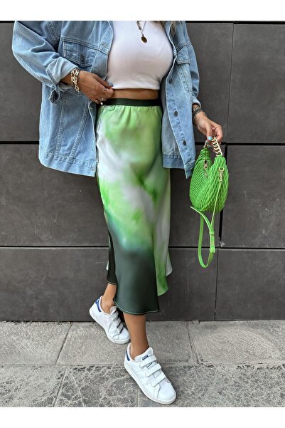 Zerrincan Giyim Yeşil Batik Desenli Saten Etek