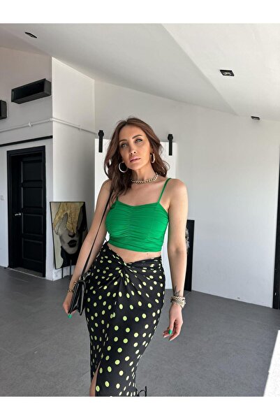 Zerrincan Giyim Yeşil İp Askılı Drapeli Crop