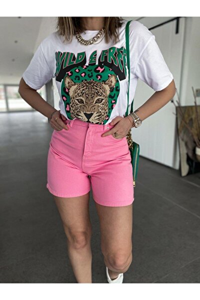 Genel Markalar Pembe Yüksek Bel Mom Şort