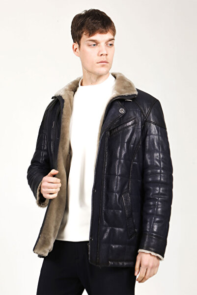 Dericlub Ottowa Men's Jumbo Fur Genuine Leather Coat Navy Blue