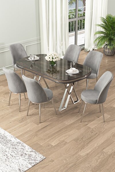 Canisa Lai Serisi 90x168 Lak Panel Antrasit Ironi krom Ayak Masa Takımı 6 Gri Sandalye