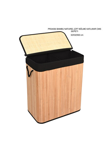 AHİR TİCARET Bambu2 Bölmeli Kirli Çamaşır Sepeti Dikdörtgen
