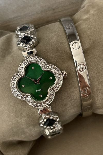 Leerybee Clover Patterned Stoned Bracelet Women's Wristwatch Nla-017