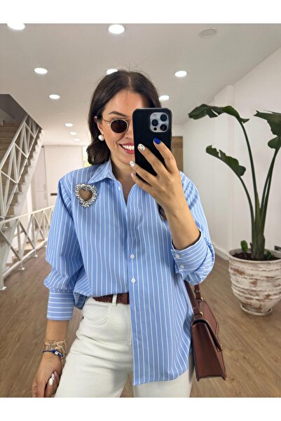 2she Taşlı Kalp Detaylı Çizgili Gömlek