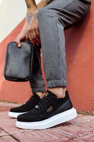 K&A High Sole Casual Suede Shoes Black (White Sole)