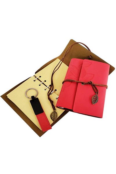 HSDemirci Red Leather Notebook and Keychain Set with Wooden Box