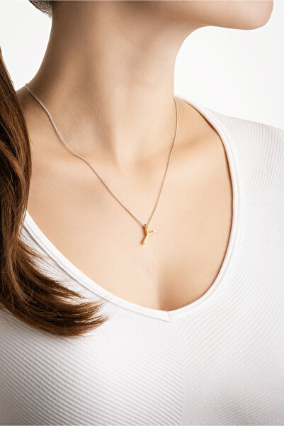 So CHIC... Asimetrik Y Harfi 18 Ayar Beyaz ve Sarı Altın Kaplama 45 Cm Gümüş Harfli Kolye