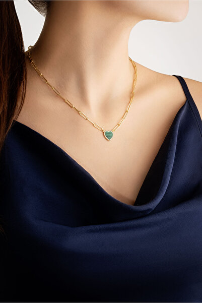 So CHIC... Malahit Kalbi 18 Ayar Sarı Altın Kaplama 44 Cm Gümüş Ataç Zincir Kolye