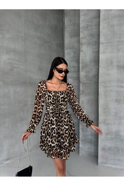 S&A Collectionn Rochie mini leopard din șifon, cu volane, cu gât pătrat Madonna