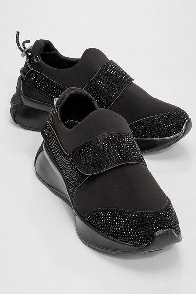Ccway Pantofi sport negri pentru damă - cu detaliu de piatră și velcro