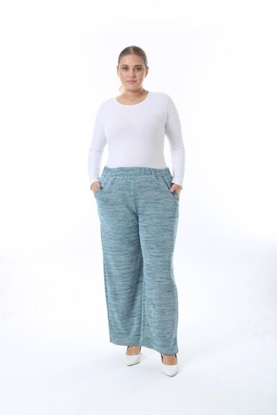 Şans Green Steel Knitted - Large Size Women's Trousers with Elastic Waist Pockets 65N38330