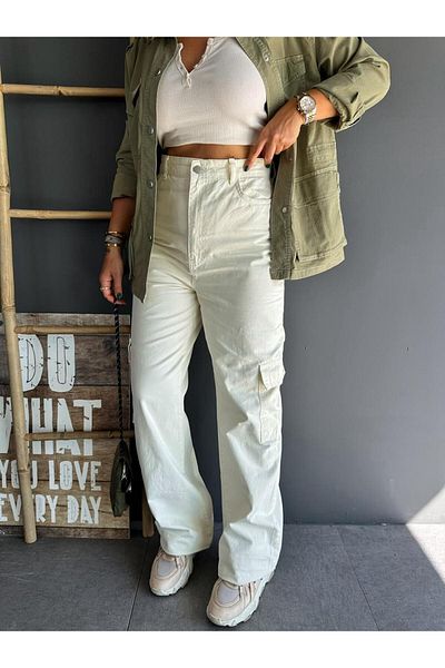 Zerrincan Giyim Original Cream Trousers - with Cargo Pocket and Pocket