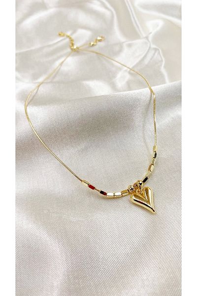 Eylülün Takısı Women's Gold Color Tile Stone Patterned Heart Necklace