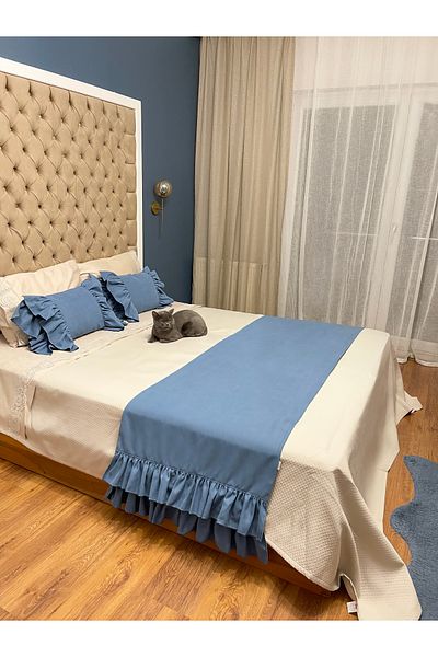 RİTMOHOME طقم مفرش سرير ووسادة رمي مبطنة بحشوة مزدوجة مكشكشة باللون النيلي الفاتح، المهر، غطاء السرير