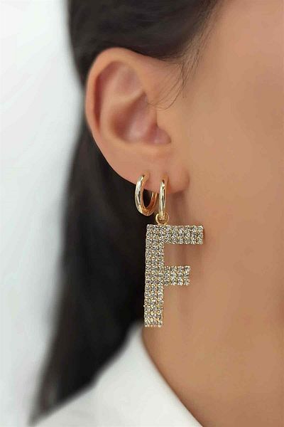 Çlk Accessories Large Stone Gold F Letter Earrings Taşlıküpef