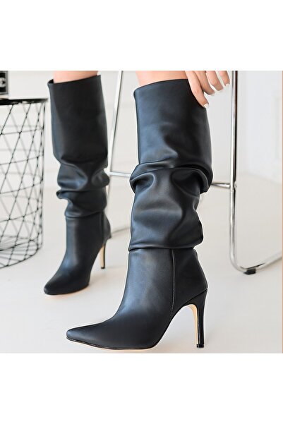Erbilden Edita Siyah Cilt Topuklu Çizme