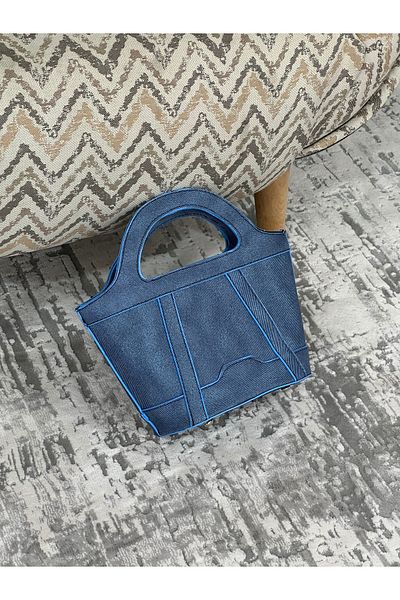 Moda azza Geantă de umăr elegantă din piele de denim pentru femei, cu detaliu de panglică